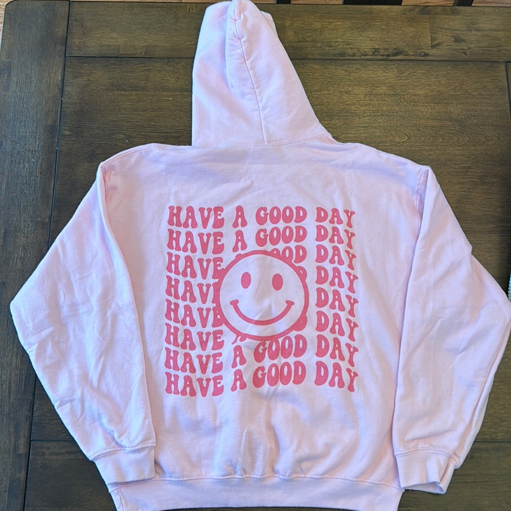 Pink “Have A Good Day” smiley face hoodie, size large